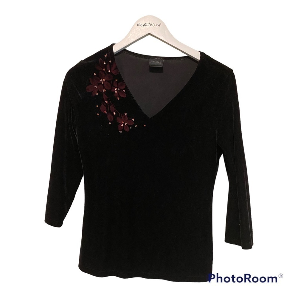 Vintage Studios crushed black velvet V-neck shirt with floral accents | Small